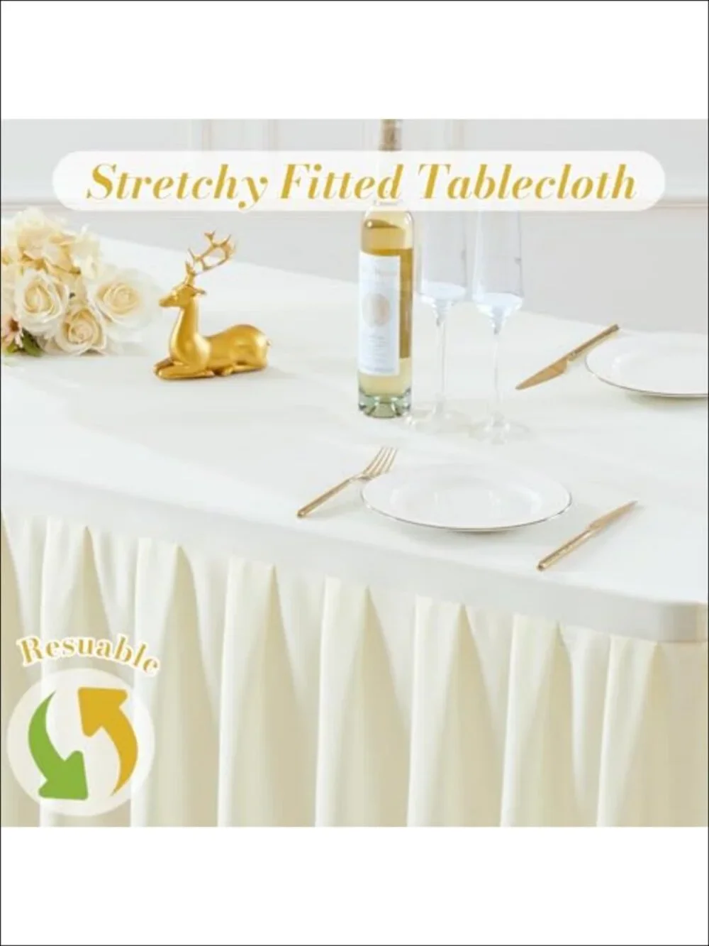 2 Pack Ivory Rectangle Tablecloth 6 FT Stretch Spandex Fitted Table Cloth for 6
